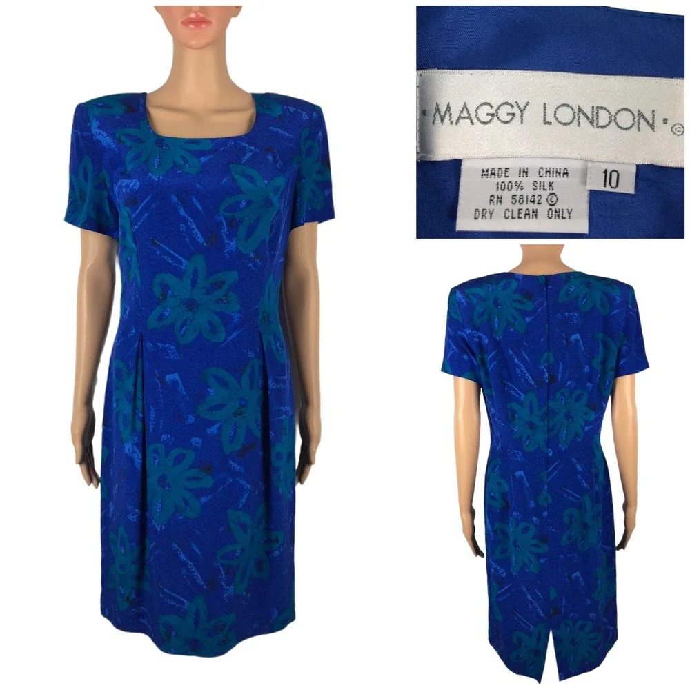 Maggy London Womens 10 Dress 100% Silk Blue Floral Vintage Shoulder Pads EUC